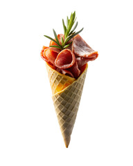 Photo of thinly sliced cured meat, possibly prosciutto or ham, artfully arranged in a golden waffle cone with a sprig of rosemary, isolated on transparent background