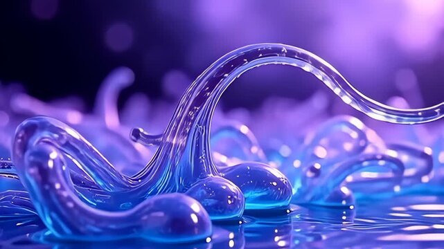 Witness a fluid molecule stretching like underwater sea anemone, set against a backdrop of vivid purples and cerulean blues, where each sweeping motion is a ballet of elegance, twisting and