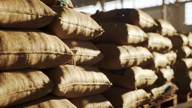 Close Up of Stacked Burlap Sacks in a Warehouse Setting