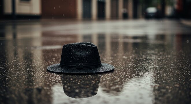 A forlorn black fedora sits on a rain-slicked street reflecting blurry buildings