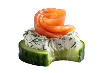 Meticulously prepared cucumber canapé with dill cream cheese and shimmering smoked salmon, isolated on transparent, extreme close-up macro, dramatic studio lighting, razor-sharp focus, gourmet