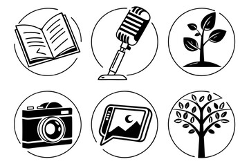 Collection of Six Circular Icons Representing Various Concepts.