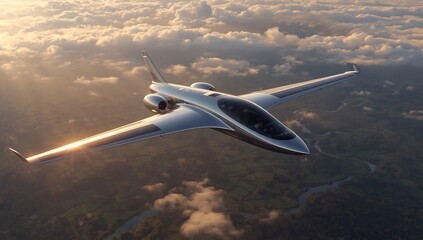 Fototapeta premium A sleek silver jet airplane flying high above the clouds during a golden sunset with a clear sky view