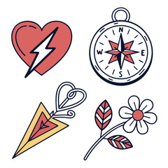 Collection of four doodle style illustrations including a heart with lightning bolt a compass an arrow and a flower
