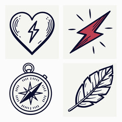Collection of four hand drawn doodle icons featuring a heart with lightning bolt a red lightning bolt a compass and a feather