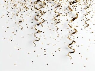 Gold confetti and streamers on white background (6)