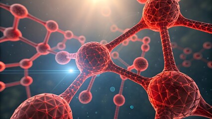 Microscopic View of Red Molecules with Glow and Particles Background