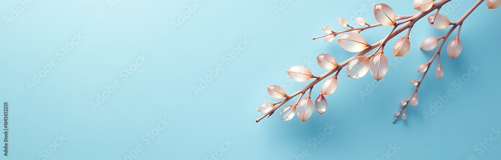 Poster delicate cluster iridescent crystal gems shimmering shells suspended soft blue background gentle lig