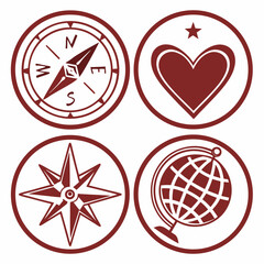Four circular emblems featuring a compass a heart a star and a globe in a dark red color