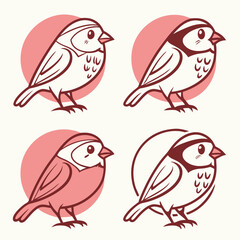 Four adorable cartoon sparrows with red circles in a repeating pattern on a cream background