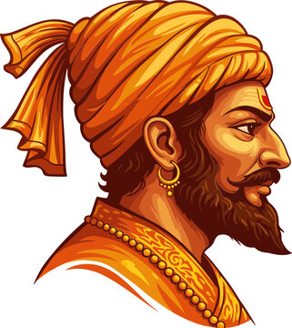 Vector art of Shivaji Maharaj in profile with traditional turban and jewelry in orange-yellow tones on white background.