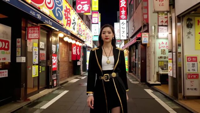 joven japonesa con ropa de lujo, caminando con elegancia por el centro de Tokio de noche, con una abundancia deslumbrante de letreros de neón