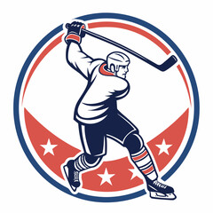 Stylized hockey player in action swinging stick within a red white and blue circular emblem with stars