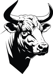 A highly-detailed vector illustration of a bull's head with realistic shading and powerful horns, representing strength, resilience, and a rugged, determined spirit. Ideal for branding & logo design.