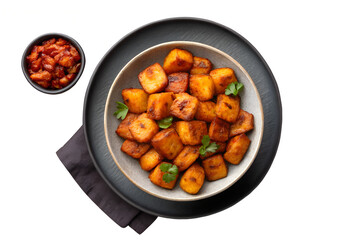 A top view of a bowl of fried plantains with a side of sauce on a black plate and napkin