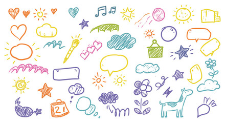 Colorful Hand Drawn Doodle Collection of Various Objects and Shapes on White
