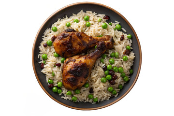 Overhead view of two chicken drumsticks on a bed of rice with peas and cranberries in bowl