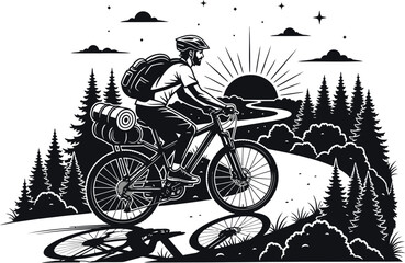 Obraz premium A cyclist rides a mountain bike a forest path at sunrise