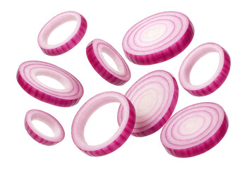 Collection of red onion slices on.