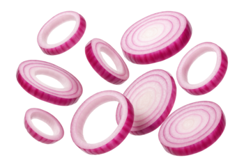 Collection of red onion slices on.