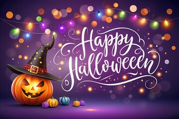 Jack o lantern wearing witch hat with happy halloween text and lights