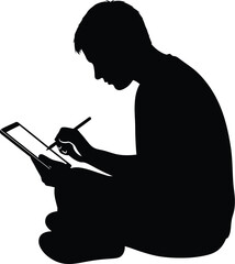 Silhouette of a man using a digital tablet with a pen, showcasing creativity, design, and modern technology in artistic expression