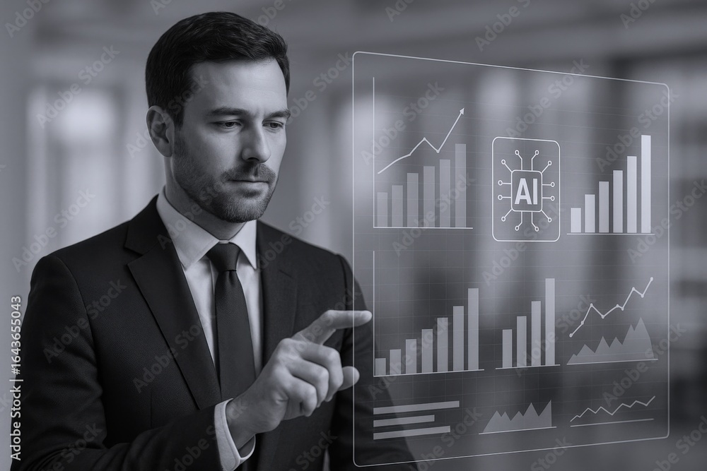 Poster executive analyzing financial data on transparent screen displaying ai integration and market trends