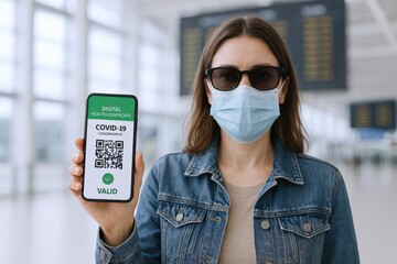 Woman Wearing Mask Displaying Digital Health Passport on Smartphone at Airport, Safe Travel During Pandemic