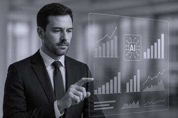 Executive Analyzing Financial Data on Transparent Screen Displaying AI Integration and Market Trends in a Modern Office