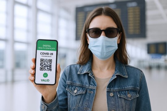 Woman Wearing Mask Displaying Digital Health Passport on Smartphone at Airport, Safe Travel During Pandemic