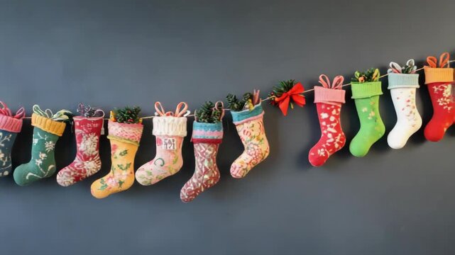 Colorful knitted Christmas stockings hung on wall for decoration