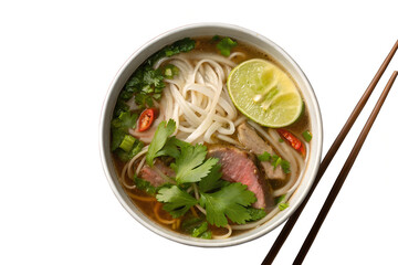 A bowl of pho with beef, noodles, lime, cilantro, and chopsticks on a white background