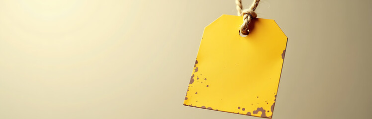 weathered yellow fabric tag suspended jute rope soft diffused background capturing subtle texture