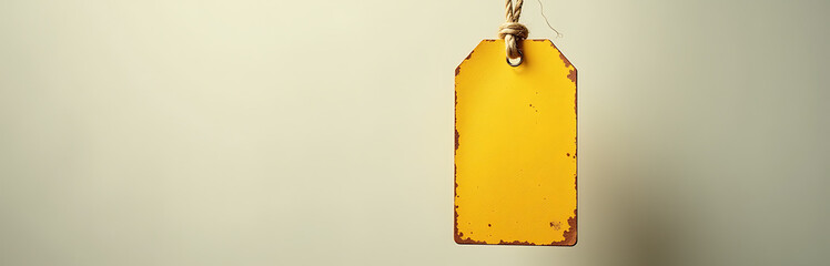 weathered yellow fabric tag suspended jute rope soft diffused background capturing subtle texture