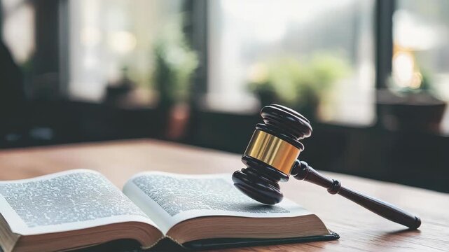 Wooden gavel on open book desk