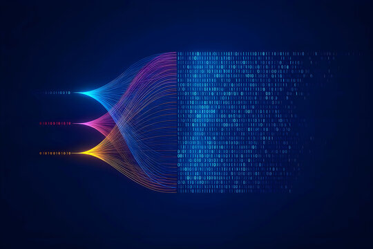 Abstract data flow: colorful streams merging into binary code on dark blue. Big data pipeline, ETL, AI, machine learning, neural network, analytics, integration, digital transformation.