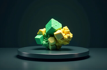 vibrant green yellow mineral specimen rotates slowly sleek metallic turntable dark gradient background