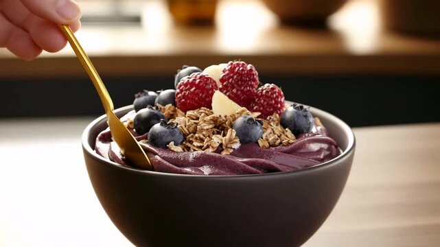 Ultra-Realistic Cinematic 4K Food Video of Acai Bowl with Fresh Berries and Granola &ndash; Extreme Close-Up to 360&deg; Arc Shot for World Food Day, Healthy Eating, and Premium Culinary Stock Footage