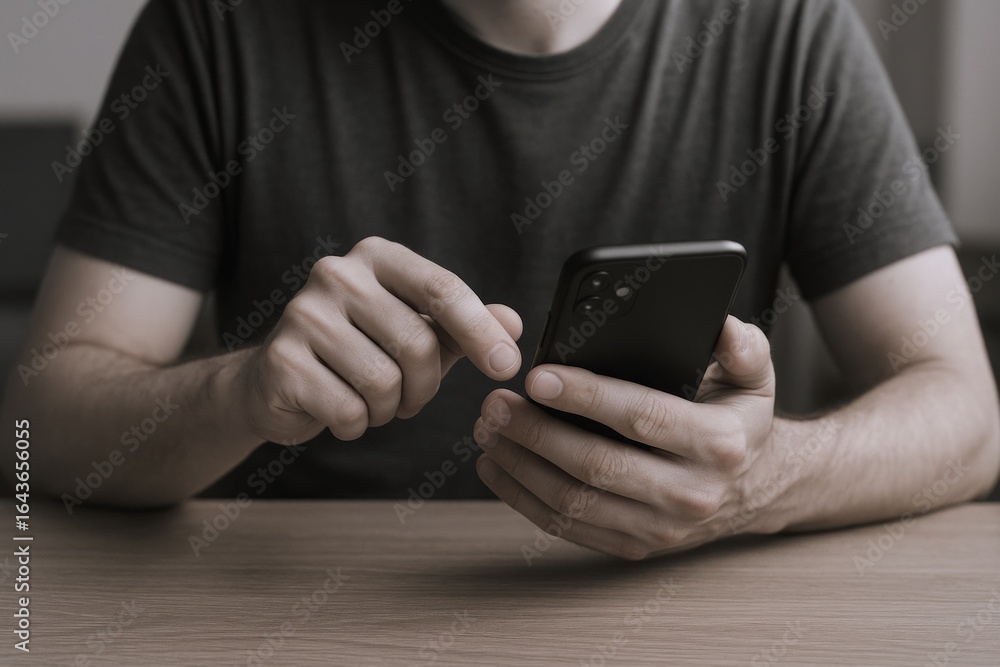 Poster man using smartphone at desk, scrolling through content, connecting with technology, close up shot