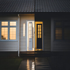 A glowing house, split into light and shadow, symbolizes the concept of home and contrast.