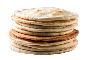 A stack of freshly baked pita bread on a white background ready to be served and eaten