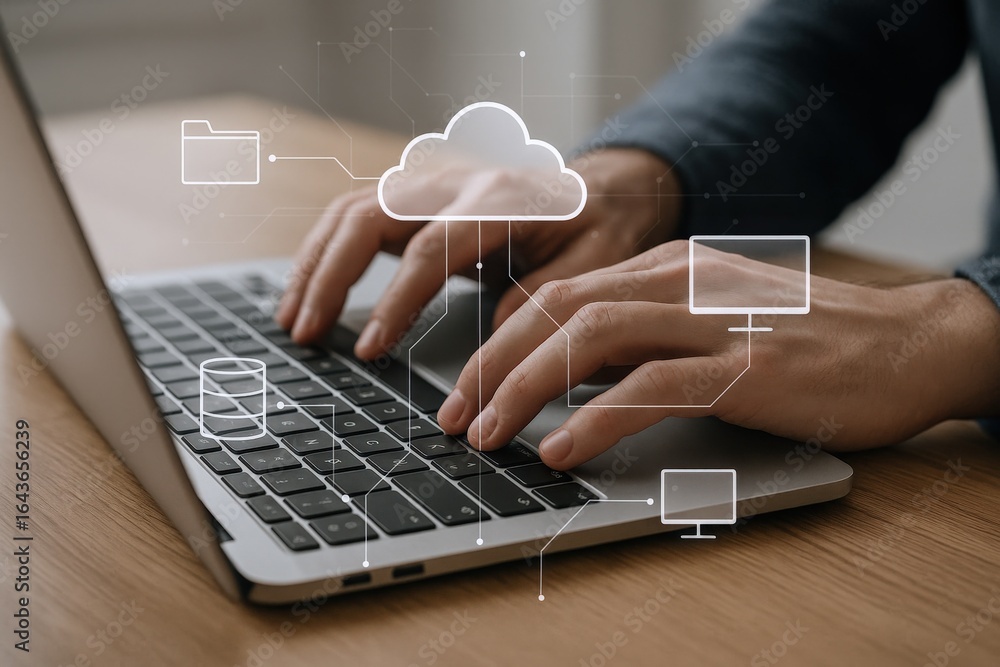 Poster close-up of hands typing on laptop with cloud computing and data transfer visualization overlay