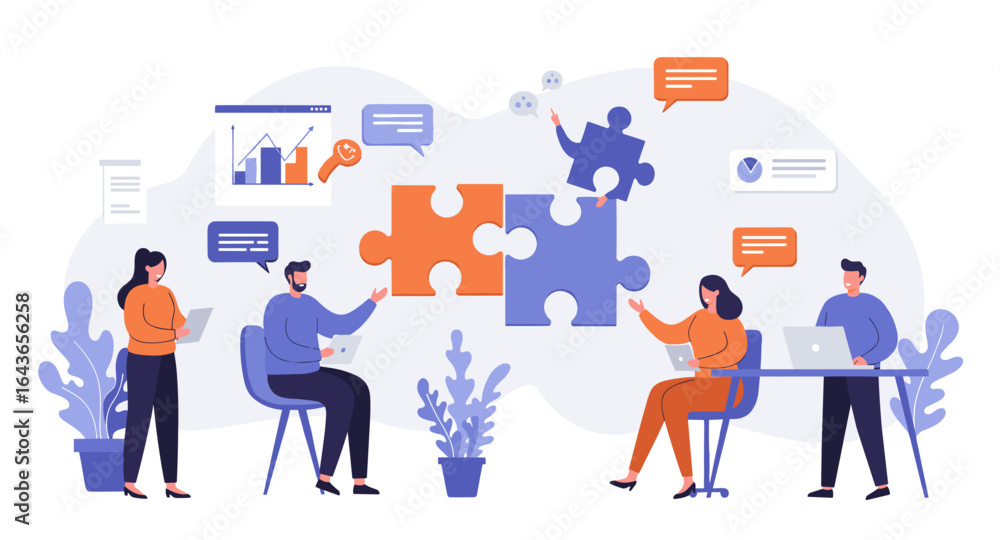 Poster collaborative teamwork solving challenges with puzzle pieces in modern flat design