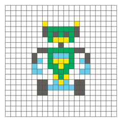 A flat pixel design made of geometric square color blocks on a clean grid layout. Pixel art robot