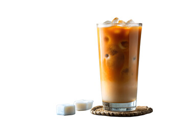 Iced coffee in glass with ice cubes on coaster isolated against a white background view