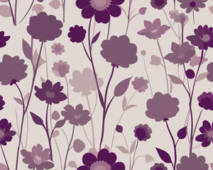Seamless pattern of stylized purple wildflowers on a light pink background