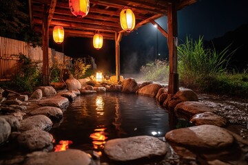 hot spring bath glowing red and orange paper lanterns hanging from wooden beams