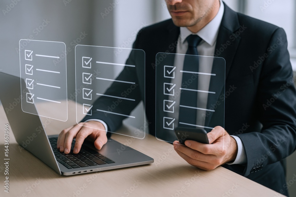 Poster businessman managing tasks with checklist using laptop and smartphone, focus on productivity and eff