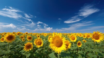 Obraz premium Vibrant Sunflower Field Under a Sunny Sky: A Beautiful Summer Landscape for Backgrounds and Creative Projects