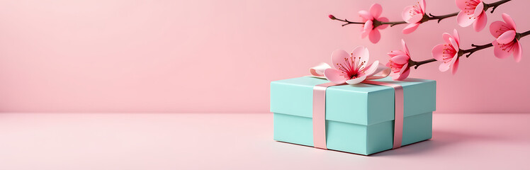 delicate teal gift box adorned vibrant pink blossoms soft pastel pink background softly illuminated